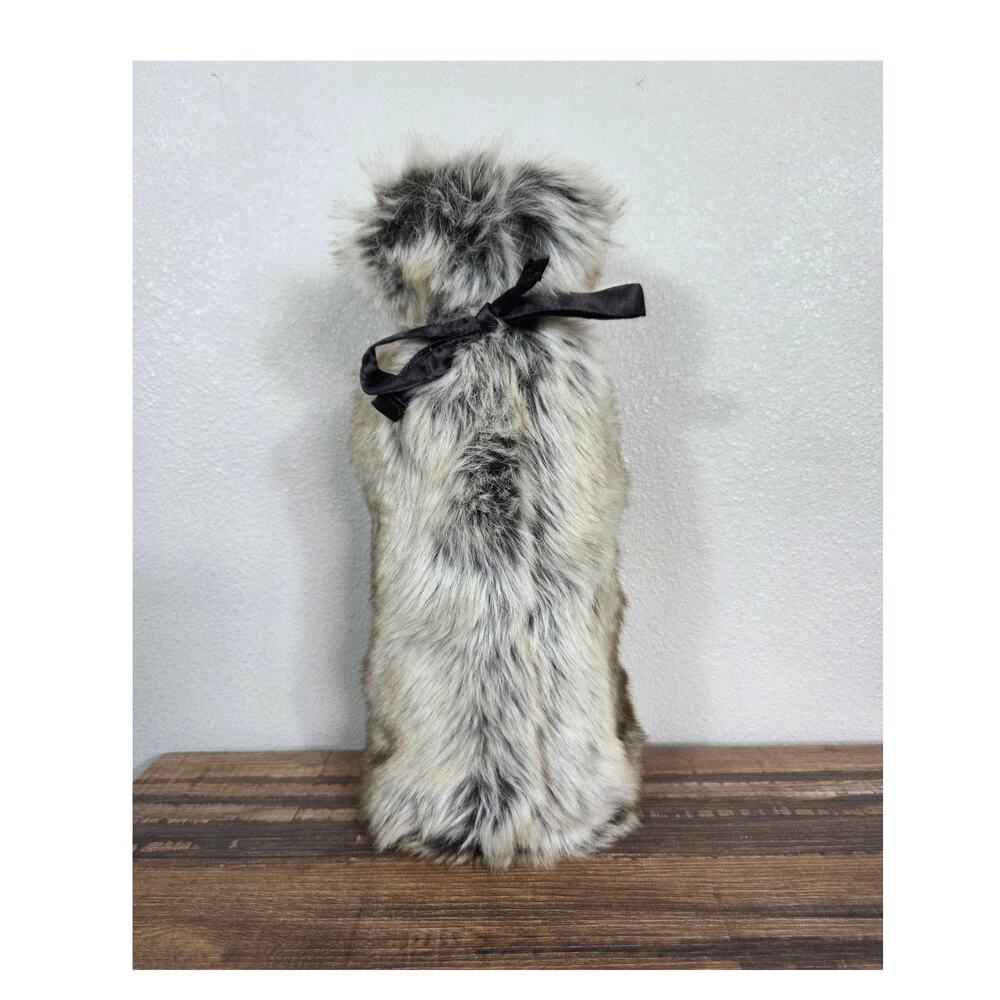 Pottery Barn Brown Faux Fur Wine Bag with Ribbon Tie Vintage